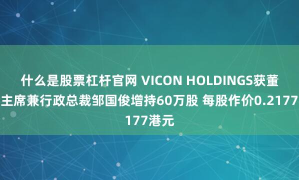 什么是股票杠杆官网 VICON HOLDINGS获董事会主席兼行政总裁邹国俊增持60万股 每股作价0.2177港元